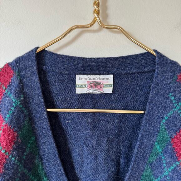 Vintage 80s United Colors of Benetton Wool Argyle Grandpa Cardigan Sweater M - Picture 4 of 6